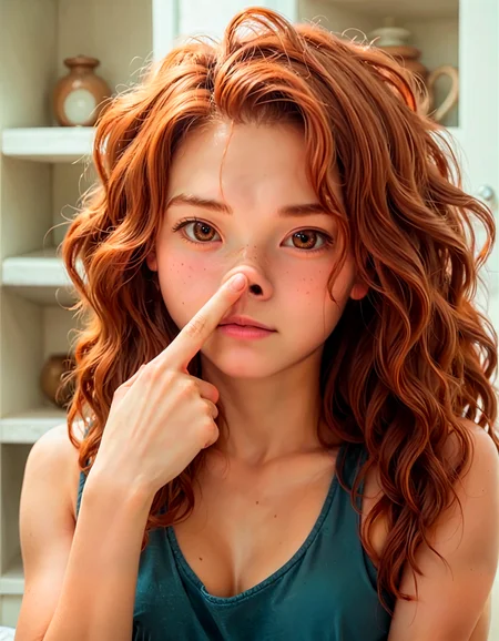 safe_pos, score_9, score_8_up, score_7_up, score_6_up, nosepushup, 1girl, adult, solo, Merida from Brave,brown hair, long hair, perfect face, perfect eyes, sexy, sexy girl, white_tank_top, beautiful eyes, brown eyes, skinny, fit, petite body, slim hips, perfect cute face, exposed naked medium breasts, upper body, nosepushup,look down,looking viewer, blue pupill <lora:Poses\PONY_Realistic_nose_push_up_v1-000007.safetensors:0.8:0.8> <lora:Faces\EnvyPonyPrettyEyes01.safetensors:0.2:0.2> <lora:Detailing\cfg_scale_boost.safetensors:0.5:0.5> <lora:skin\FLUXEnh4nce.safetensors:0.8:0.8> <lora:Detailing\Expressive_H-000001.safetensors:0.3:0.7000000000000001>