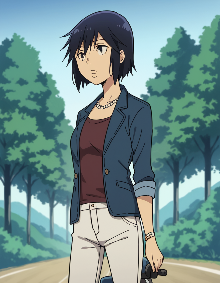 score_9, score_8_up, score_7_up, source_anime, <lora:sachiko-fujinuma-s1-ponyxl-lora-nochekaiser:1>, sachiko fujinuma, short hair, black hair, black eyes,, jewelry, jacket, pants, necklace,, bike ride, countryside, dirt road, trees, afternoon sun, peaceful, alone, , , arm in a sling, solo,, cowboy shot, dutch angle