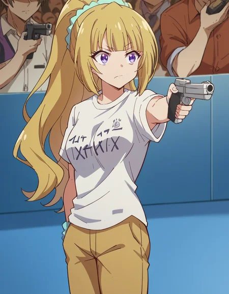 score_9, score_8_up, score_7_up, source_anime, <lora:kei-karuizawa-anime-s2-ponyxl-lora-nochekaiser:1>, kei karuizawa, long hair, bangs, blunt bangs, purple eyes, blonde hair, hair ornament, ponytail, scrunchie, blue scrunchie, medium breasts,, <lora:yusuf-dikec-ponyxl-lora-nochekaiser:1> yusuf dikec, yusuf dikec (meme), meme, hand in pocket, handgun, holding gun, gun, shirt, t-shirt, pants, audience,, , cowboy shot,