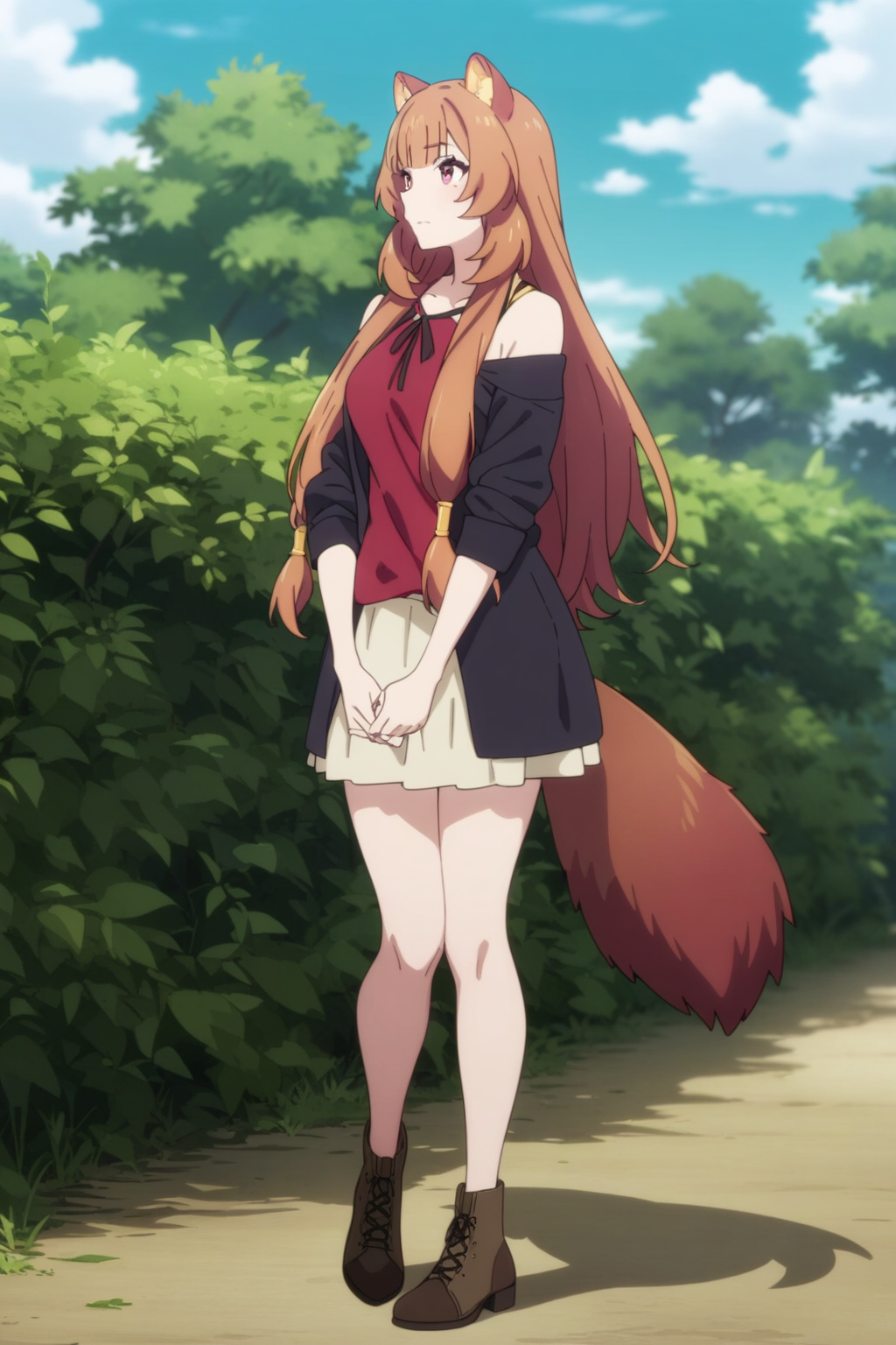 casual clothes, tny-raphtalia, raccoon tail, (full body), solo, 1girl, outdoors, masterpiece, best quality, very aesthetic, absurdres, recent <lora:tny-raphtalia-V02-000003:0.7>