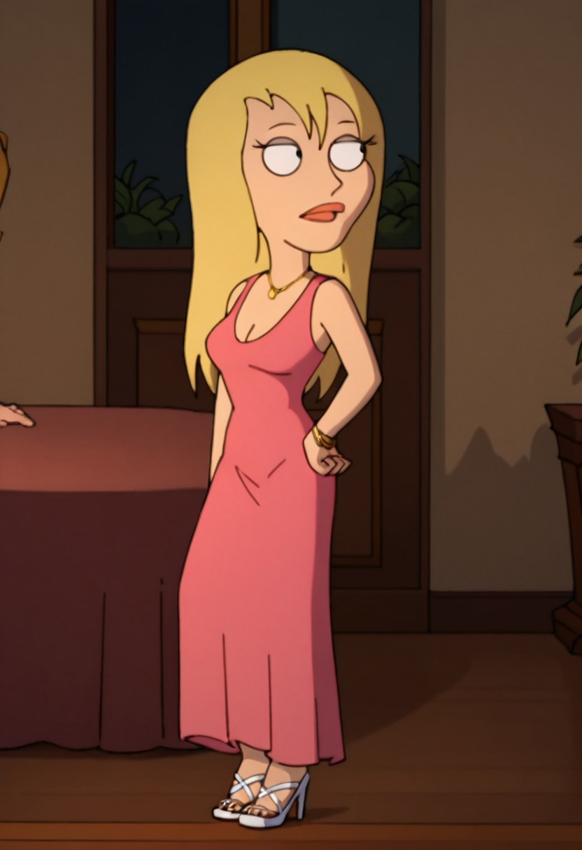 Score_9_up, score_8_up, score_7_up, 1girl, solo, jrwfg, blonde hair, long hair, necklace pink dress, cleavage, white high heels, hand on hip.