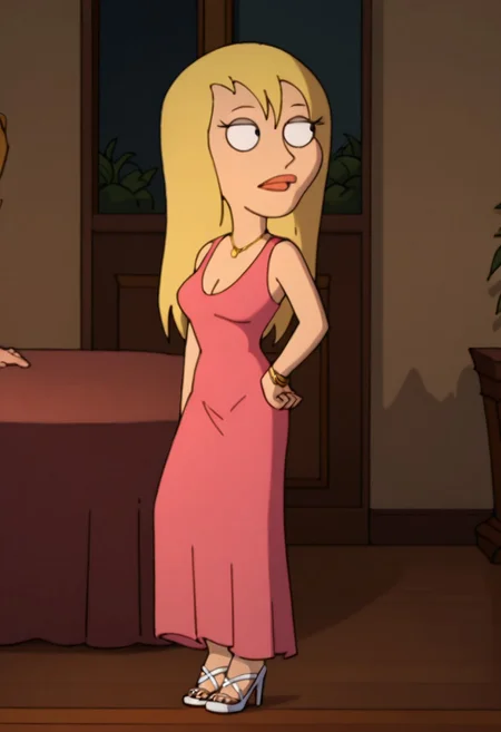 Score_9_up, score_8_up, score_7_up, 1girl, solo, jrwfg, blonde hair, long hair, necklace pink dress, cleavage, white high heels, hand on hip.