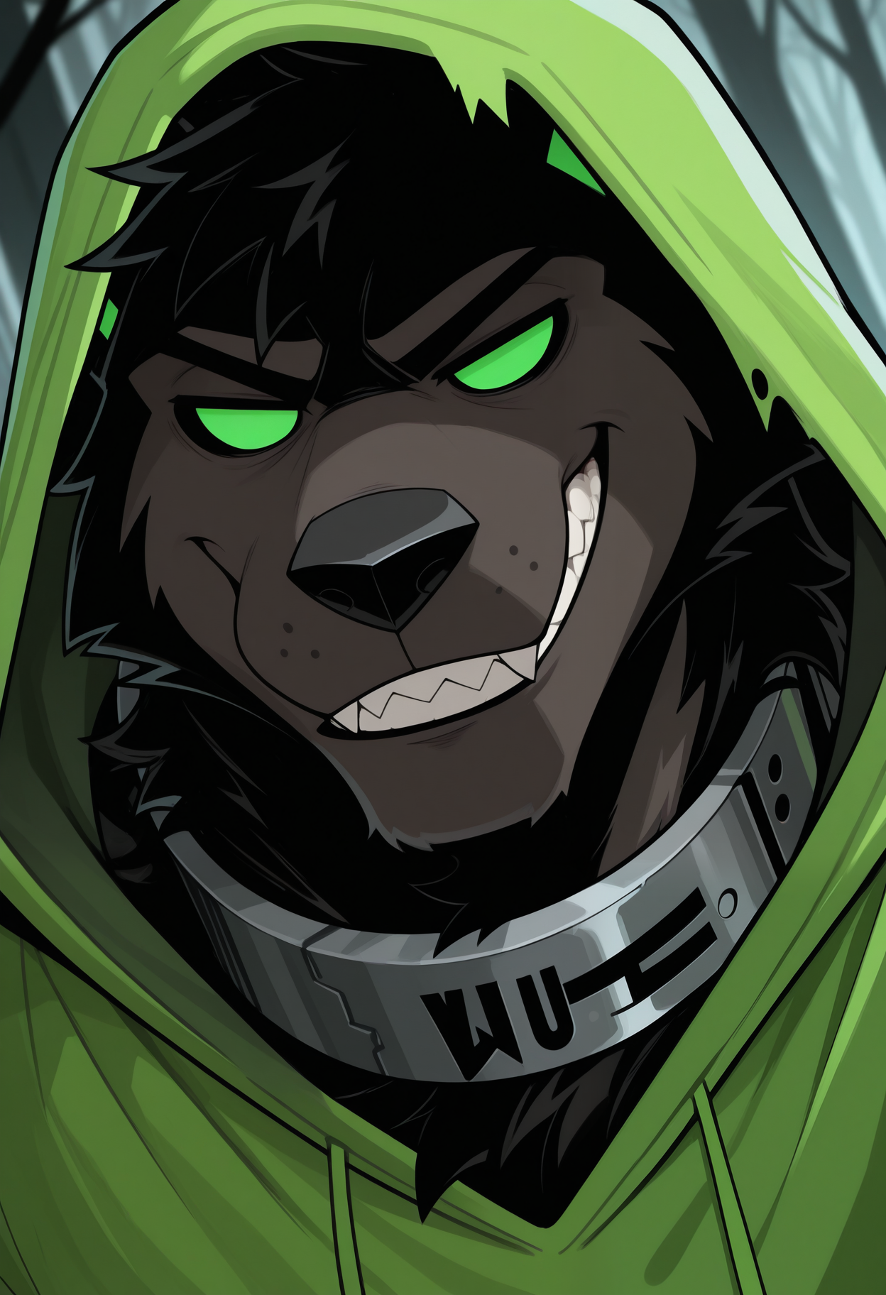 masterpiece,best quality,amazing quality, 1boy, solo, wu1f, colored sclera, no pupils, furry, torn green hoodie, metal collar, close up, side angle, hood up, smirk, woods,