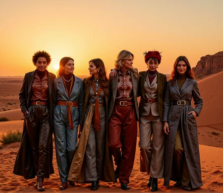 Full portrait of a group of six Iranian women - old, middle-aged, and young women - happy and smiling, embracing each other and walking in a beautiful sunset in the Kalahari Desert. They are wearing fashion styles reminiscent of a ranch runway, featuring modern designs by Elie Saab. The outfits are inspired by baroque modern elegance, with check and lines woven into long robes, thick belts, headdresses, jackets, and coats adorned with royal patterns. The overall look is stylish and stunning, with vibrant colors like peridot.<lora:AntiBlur:2>