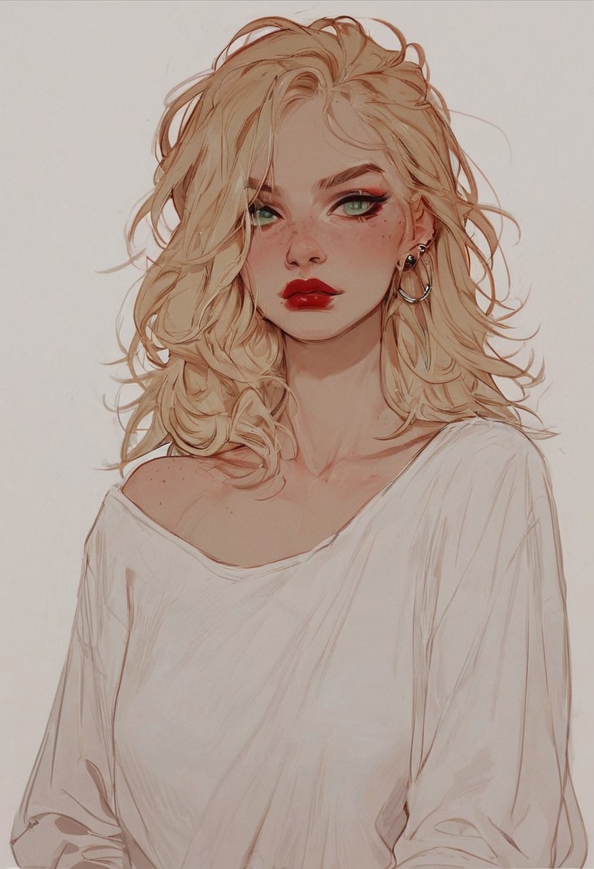 score_9, score_8_up, score_8_up, 1 girl, 1 Caucasian girl, Blonde girl, Long messy silky Blonde hair with bangs, light green eyes, slim, medium teardrop shaped breasts, no face piercings, earrings, red lipstick, make-up, black high-waisted jeans, a oversized shirt