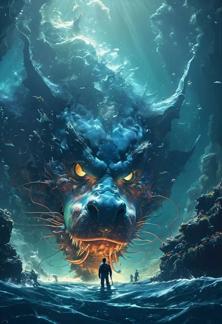colorful sketch by herg, In deep sea, A tiny Diver infront of a giant Anglerfish, deep blacks, high contrast,
atmospheric haze, Film grain, cinematic film still, shallow depth of field, highly detailed, moody, epic, OverallDetail, 2000s vintage RAW photo, photorealistic, candid camera, color graded cinematic, atmospheric lighting, imperfections, natural, shallow dof
