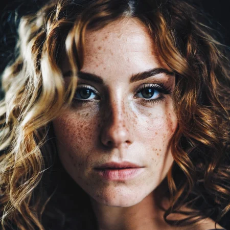 dark shot, face photo of 30 y.o woman, freckles, makeup, wavy hair, film grain