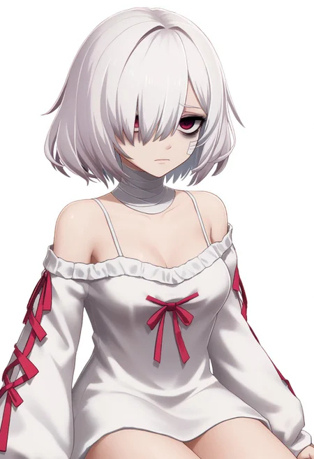 score 8 up, solo,1girl, white hair, hair over one eye, two-tone eyes, pink eyes, red eyes, white clothing, spaghetti_strap, oversized blouse, medium breasts, bags under eyes, mascara, bandaged_neck, bare legs, fewarriorsportraits, portrait, white background