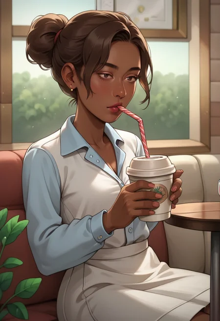 realistic, porn, BREAK, <lora:Principle_Murphy_Amphibia-000002:1> principle murphy, , brown hair, brown skin, white dress, cafe, drinking coffee, zPDXL2, zPDXLxxx, zPDXLrl, <lora:Pony_QualityV4.0:1.12>