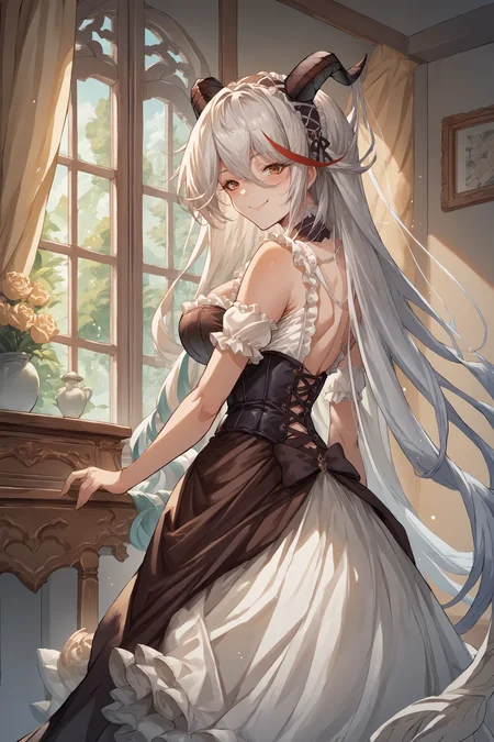 score_9, score_8_up, score_7_up, , rating_general,1girl ,agcn, multicolored hair, horns, corset, victorian dress,  source_anime, indoors, , <lora:AegirPDCAME AL:1>, <lora:GBFSplashArtXLPDv2:1> , gbsa, splash art, smile,