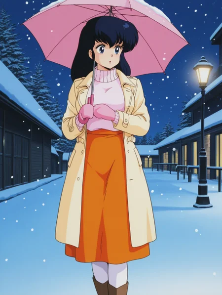 masterpiece, best quality, amazing quality, detailed background, perfect eyes, anime coloring, anime screenshot, 1980s \(style\), 1girl, solo, mature female, otonashi kyouko, black hair, long hair, blue eyes, medium breasts, winter clothes, trench coat, long sleeves, pink turtleneck sweater, mittens, orange skirt, long skirt, white pantyhose, boots, holding umbrella, (outdoors, neighborhood, snow, snowing, night, lamplight),