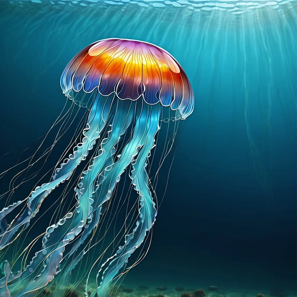 jellyfish made of glass, glass fantasy world, ocean water, marine life, realistic water, realistic ocean, (ocean background:1.2)