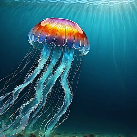 jellyfish made of glass, glass fantasy world, ocean water, marine life, realistic water, realistic ocean, (ocean background:1.2)