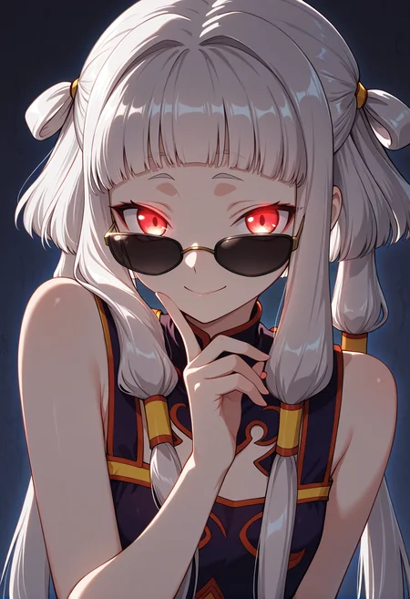 <lora:Tianzi_IllustXL:1>, tianzi, 1girl, long hair, red eyes, white hair, albino, twintails, grey hair, quad tails, very long hair, bangs, hair rings, sidelocks, glowing eyes, black shirt, shhh, black shades glasses, smile, enigmatic background
