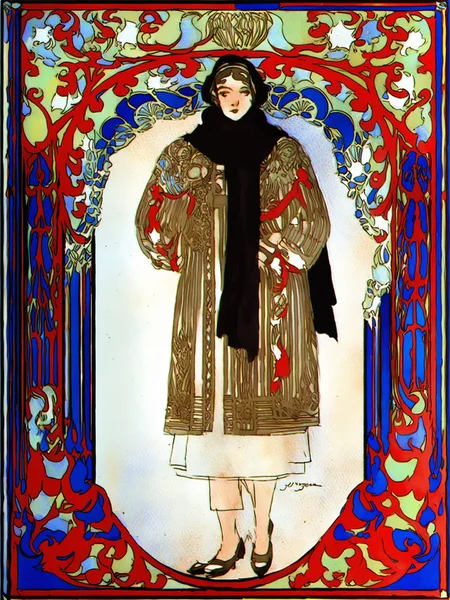 <lora:konstantin-yuon_pony_v1:0.75> by yuon konstantin in 1940,art nouveau \(modern\) \(style\),black scarf,clothing,costume,design \(genre\),designs-and-sketches,full body,general,scarf,solo
