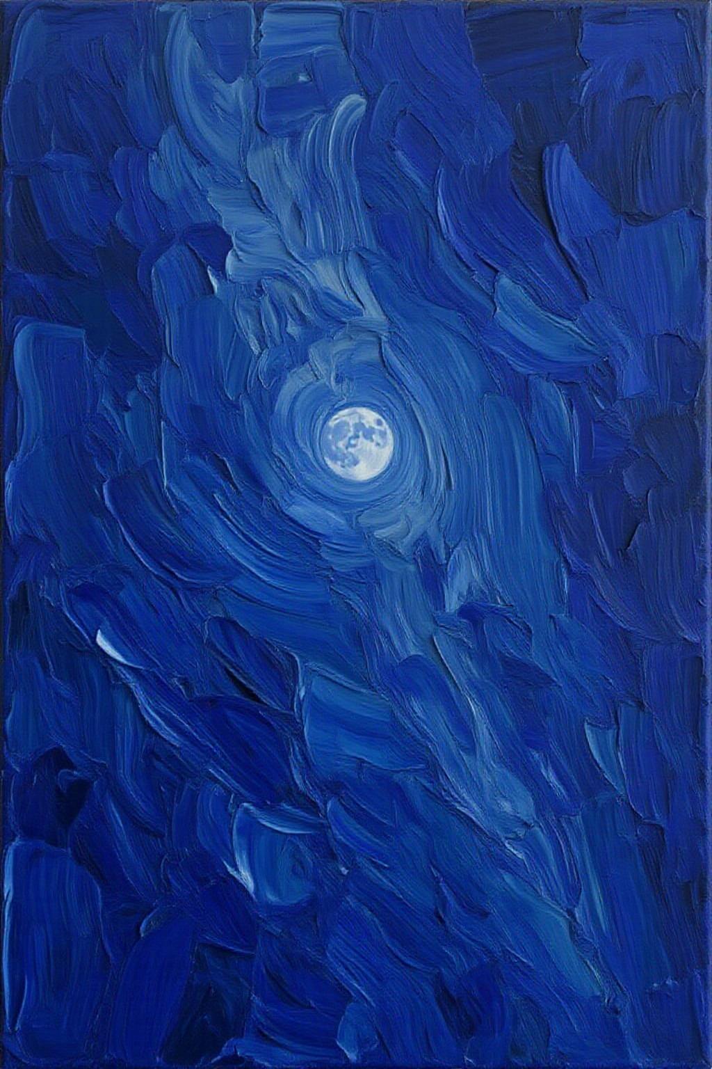 impasto oil painting. a full moon can be seen glowing against a dark blue background. The moon's reflection is visible in the middle of the image, adding a touch of depth to the composition. The surface of the moon is covered in shadows, creating a striking contrast to the dark blue of the background.    <lora:Flux-Sch-SingleBlocks-BF16:1.0> <lora:impasto6_cap_d6a3e11:1.0><lora:804333206003266960:0>