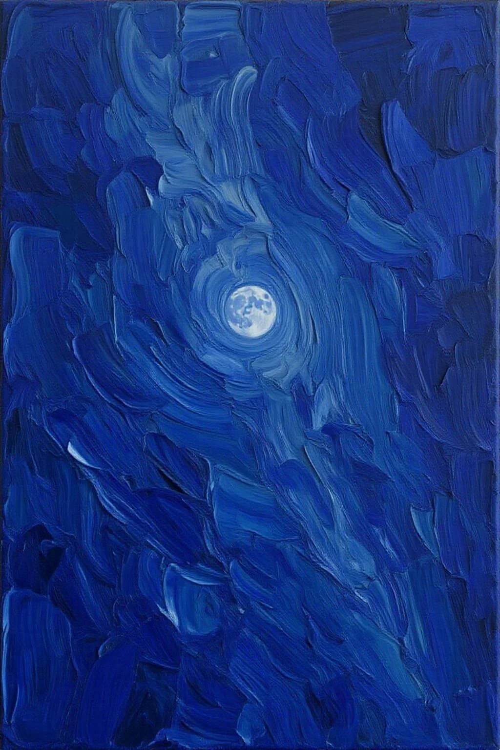 impasto oil painting. a full moon can be seen glowing against a dark blue background. The moon's reflection is visible in the middle of the image, adding a touch of depth to the composition. The surface of the moon is covered in shadows, creating a striking contrast to the dark blue of the background. <lora:Flux-Sch-SingleBlocks-BF16:1.0> <lora:impasto6_cap_d6a3e11:1.0><lora:804333206003266960:0>