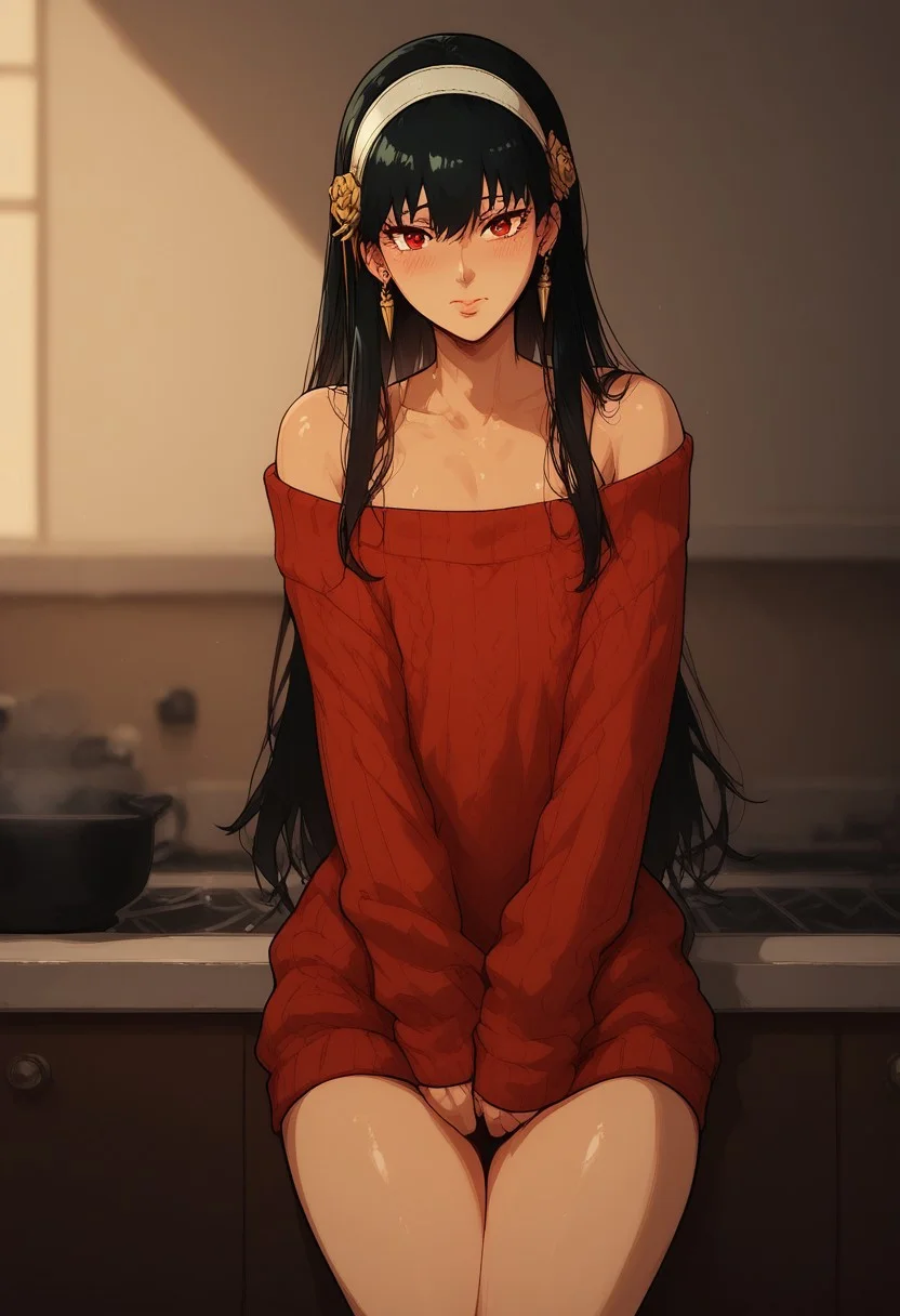 (Oiled up), score_9, score_8_up, score_7_up, shallow depth of field, godrays, DOF, aperture, aesthetic, high quality, dramatic lighting, intricate details, 1dk, masterpiece, best quality, expressive, solo, 1 source_anime, feminize, soft body, femboy yor briar, black hair, long hair, red eyes, flat chest, solo, jewelry, earrings, hairband, sidelocks, white hairband, on kitchen, indoors, off-shoulder sweater, red sweater dress, chest exposed, flashing chest, bulge, under sweater,