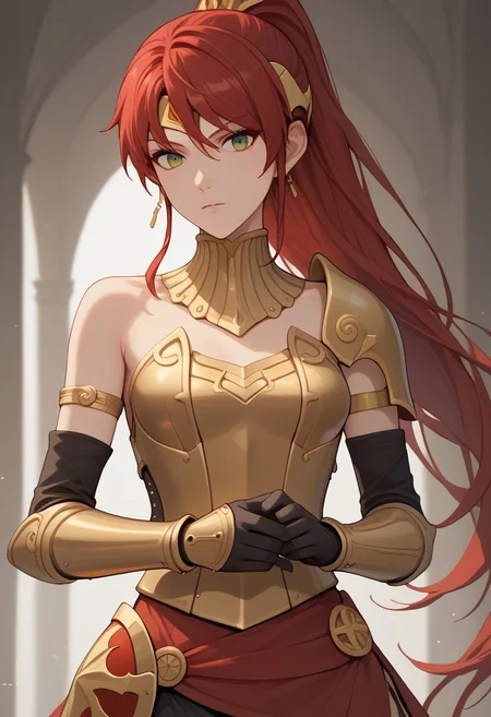 score_9, score_8_up, score_7_up, source_anime, Expressiveh, 1girl, PyrrhaNikosXL, green eyes, red hair, long hair, ponytail, hair between eyes, forehead protector, medium breasts, gold gorget, gold armlet, black elbow gloves,
Knight, plate armor, sword, shield, dramatic pose,
red eye trail, yellow eye trail,