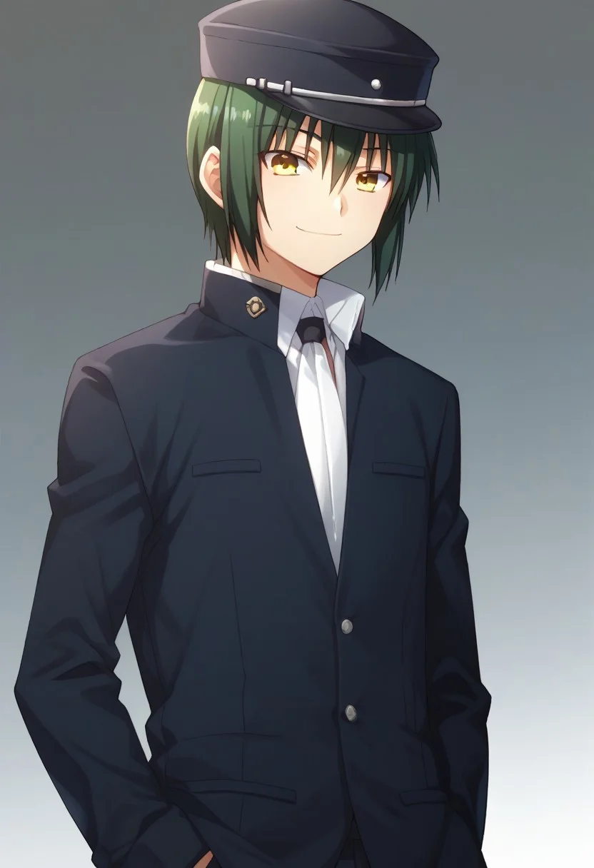 score_9, score_8_up, score_7_up, source_anime, highly detailed,
ayato, 1boy, male focus, hat, green hair, solo, school uniform, yellow eyes, hand in pocket, gakuran, smile,
