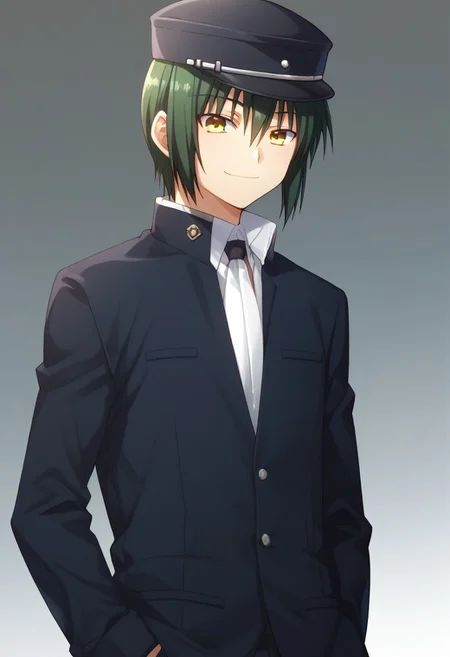score_9, score_8_up, score_7_up, source_anime, highly detailed,
ayato, 1boy, male focus, hat, green hair, solo, school uniform, yellow eyes, hand in pocket, gakuran, smile,
