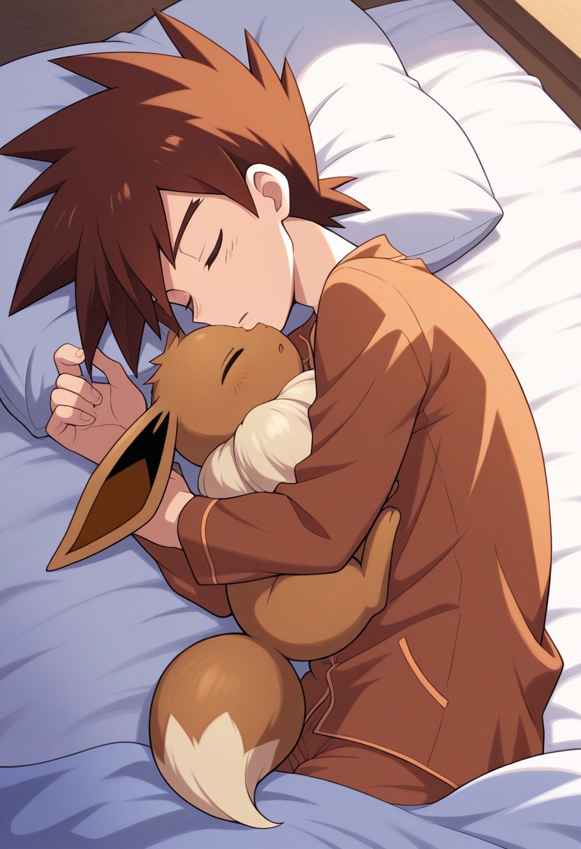 masterpiece,best quality,amazing quality, source_anime, 
gary_kanto, 1boy, male focus, solo, closed eyes, brown hair, spiked hair, pajamas, pokemon, eevee, sleeping, cute,
indoor, lying, on bed, pillow, sheets,