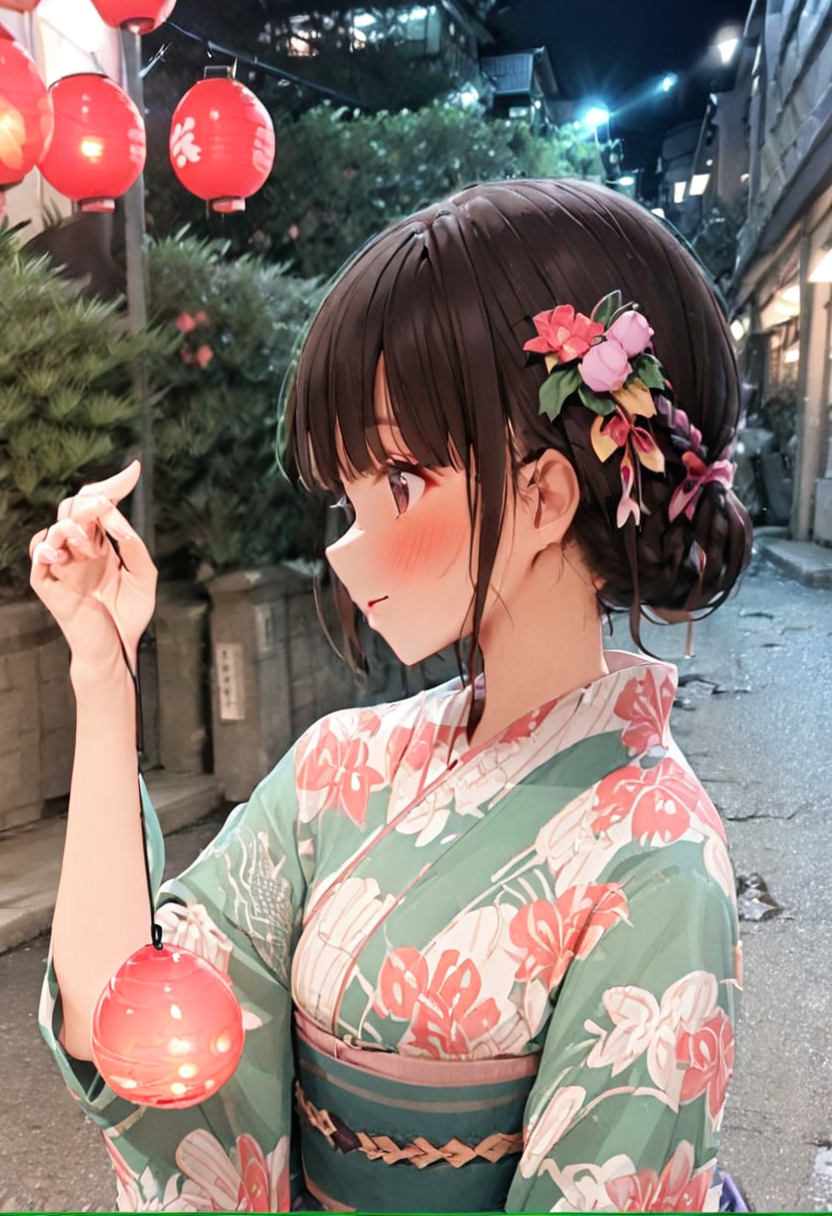 masterpiece, best quality, very aesthetic, absurdres,
mizufusen, 1girl, japanese clothes, solo, glasses, yukata, hair ornament, flower, hair flower, holding, smile, upper body, profile, bangs, sash, floral print, black hair, hand up, obi, blunt bangs, closed mouth, from side, braid, blush, pink flower, green kimono, night, summer, paper lantern, blurry background, 
 <lora:mizufusen_SDXL_V1:1>