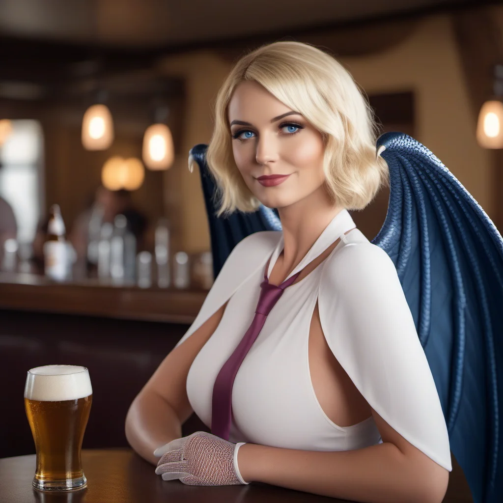 cinematic film still a full body woman, short blonde hair,  blue eyes, gloves, necktie, wings, large breast, fishnet, having a beer in a pub  <lora:Stussy1024:0.8> . shallow depth of field, vignette, highly detailed, high budget, bokeh, cinemascope, moody, epic, gorgeous, film grain, grainy