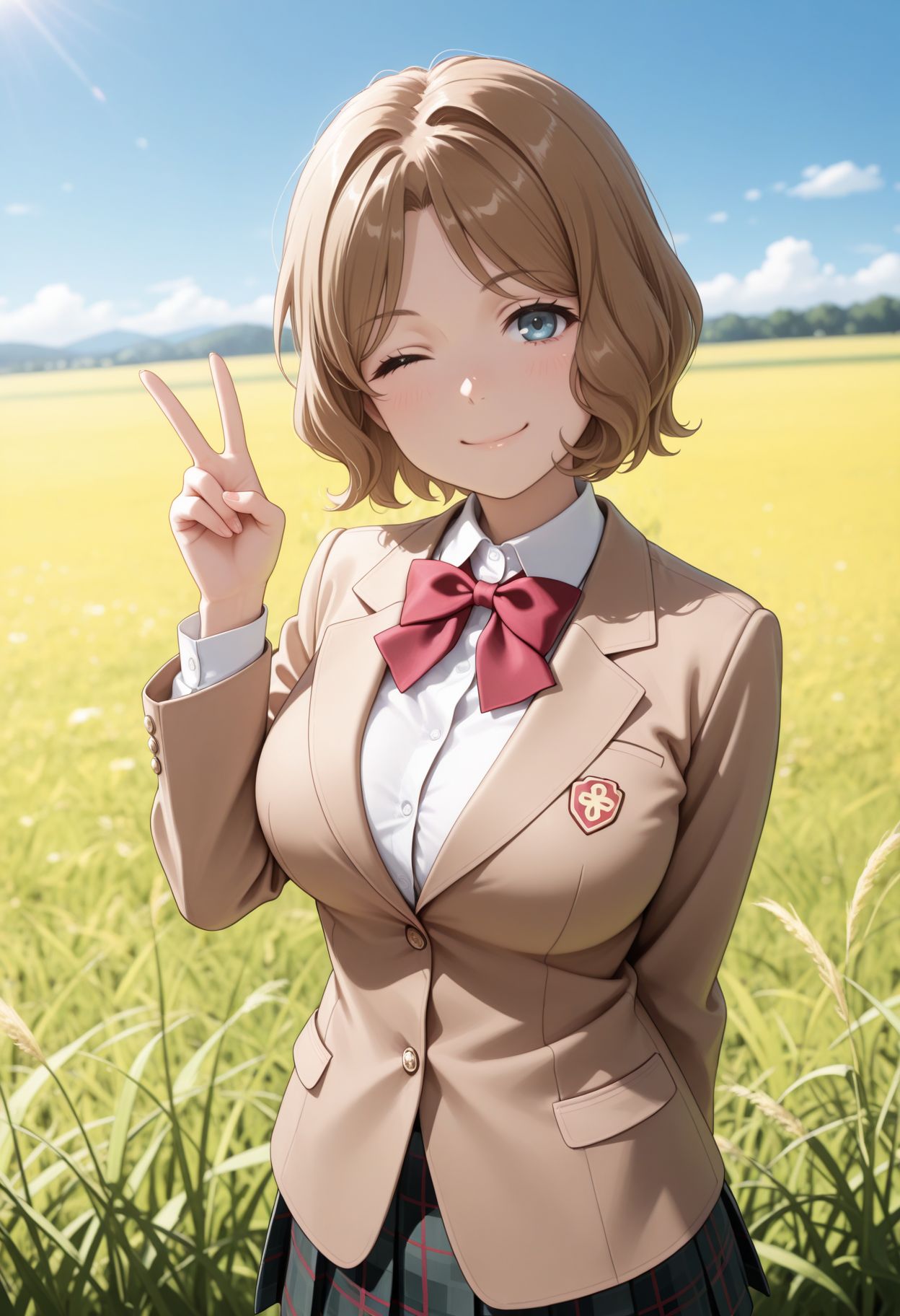 masterpiece,best quality,absurdres,highres,very aesthetic,high quality,detailed,insanely detailed,beautiful,perfect lighting, looking at viewer smile, peace sign, hand up, looking at viewer, blue sky, upper body, grass, field, large breasts, wink ,
 <lora:Wannai Kinuho illu:0.9> 1girl, brown hair, short hair, blue eyes,  tokiwadai school uniform, winter uniform, red bowtie, brown jacket, dress shirt, white shirt, collared shirt, long sleeves, plaid skirt, pleated skirt, miniskirt,