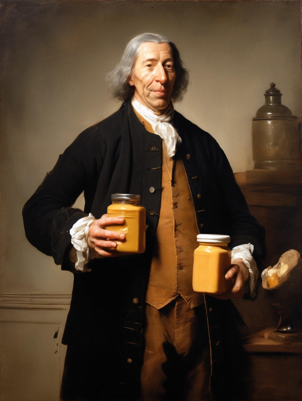 <lora:Jean-Baptiste-Simeon Chardin Style:1>Jean-Baptiste-Simeon Chardin Style - portrait of a founding father holding a jar of peanut butter in one hand and wet wipes in the other. In the style of the Dutch masters.