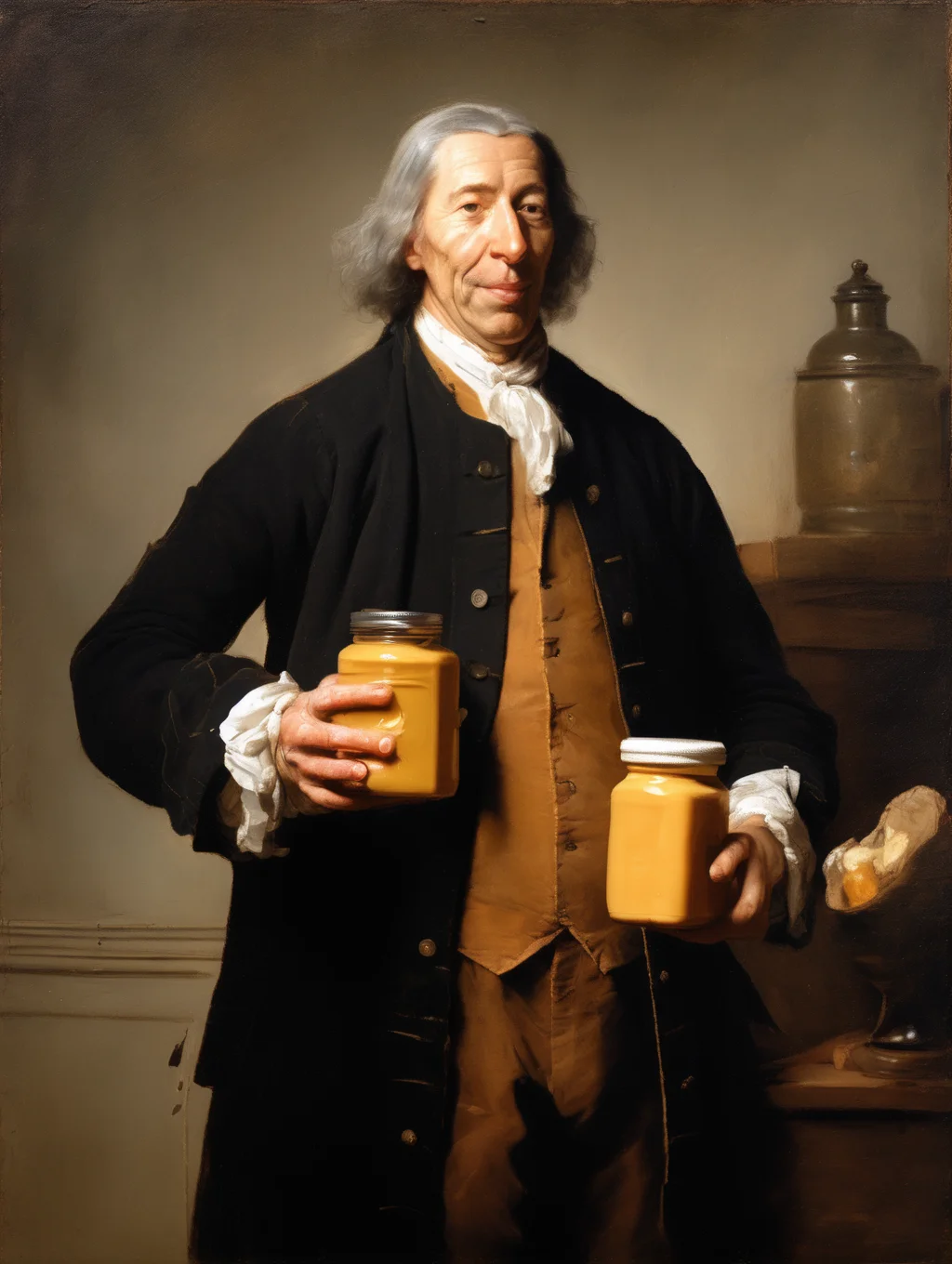 <lora:Jean-Baptiste-Simeon Chardin Style:1>Jean-Baptiste-Simeon Chardin Style - portrait of a founding father holding a jar of peanut butter in one hand and wet wipes in the other. In the style of the Dutch masters.