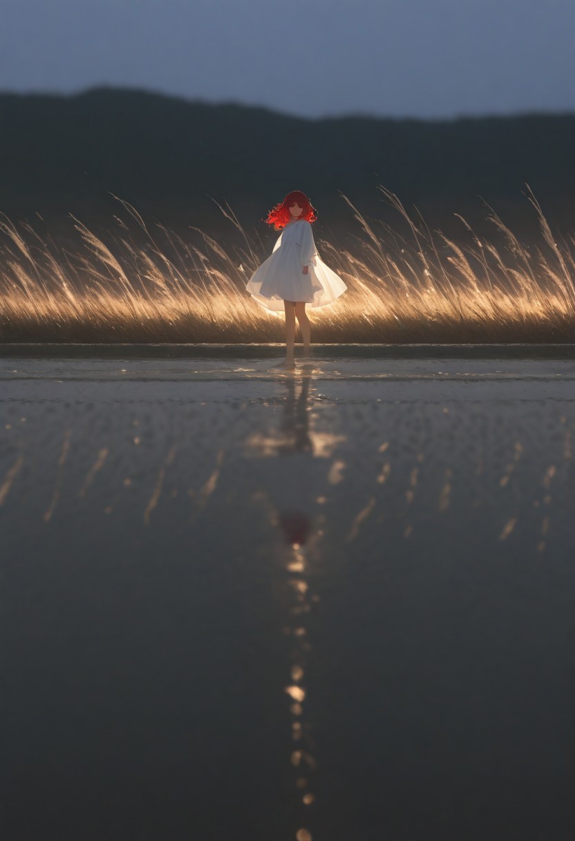 7481llu, masterpiece, best quality, amazing quality, very aesthetic, absurdres, newest, (scenery, volumetric lighting), 8K, depth of field, focused subject, perfect eyes, 1woman, Realistic photo of a young woman with curly red hair standing on top of a green hill at dawn. She is wearing a light white dress that flutters in the wind. In the distance can be seen mountains covered in a misty haze. Soft golden light floods the scene, creating an atmosphere of tranquility and freedom. Style: highly detailed photography with cinematic lighting, similar to the works of National Geographic. Depth of field: blurred background with emphasis on the model's face and hair. 