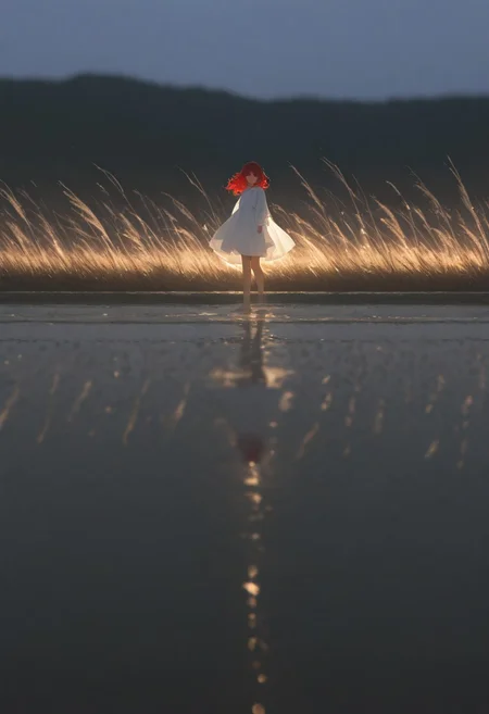 7481llu, masterpiece, best quality, amazing quality, very aesthetic, absurdres, newest, (scenery, volumetric lighting), 8K, depth of field, focused subject, perfect eyes, 1woman, Realistic photo of a young woman with curly red hair standing on top of a green hill at dawn. She is wearing a light white dress that flutters in the wind. In the distance can be seen mountains covered in a misty haze. Soft golden light floods the scene, creating an atmosphere of tranquility and freedom. Style: highly detailed photography with cinematic lighting, similar to the works of National Geographic. Depth of field: blurred background with emphasis on the model's face and hair. 