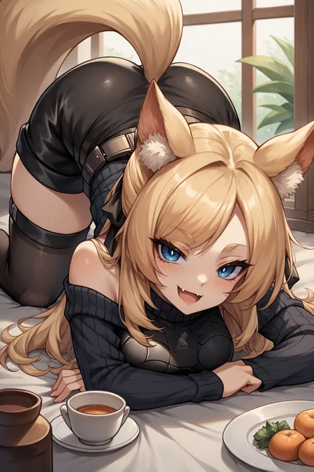 score_9, score_8_up, score_7_up, , rating_general,1girl ,wssd, animal ears, tail, hair ribbon, ribbed sweater, bare shoulders, breastplate, long sleeves, pouch belt, black shorts, pelvic curtain, black thighhighs, source_anime, smile, :3,  skin fang, open mouth, naughty face, <lora:WhislashPDCAMEv2L AK-000006:1>, indoors, top-down bottom-up