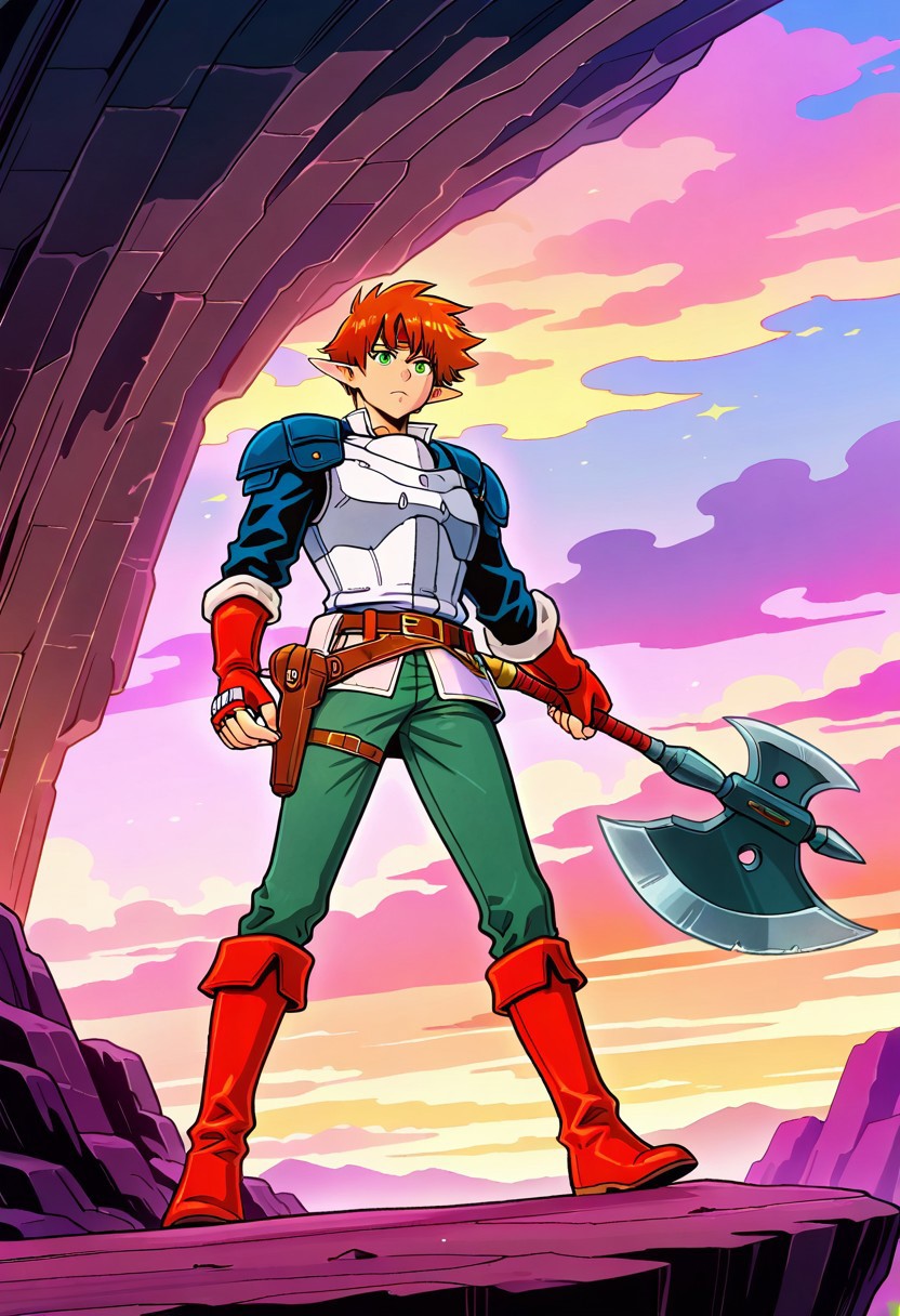 masterpiece, best quality, amazing quality, very aesthetic, absurdres, newest, 1boy, male, arthuffl3, brown-orange hair, green eyes, with long elf ears, blue shoulder pads, white breastplate, sci-fi military shirt, green jeans, belt with holster, red fingerless gloves, red boots, standing on cliff, dramatic fantasy-anime background, casually holding massive battle axe, scenic vista background,