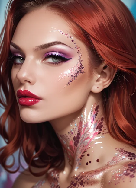 score_9, score_8_up, score_7_up, score_6_up, score_5_up,
woman, face, makeup, portrait, glitterstyle, eyeshadow, bodypaint, lipstick, eyelashes, red hair, 
abstract backgound, dynamic pose, masterpiece, best quality, sharp_details, game_cg
 <lora:GlitterStyle_pony:0.8>