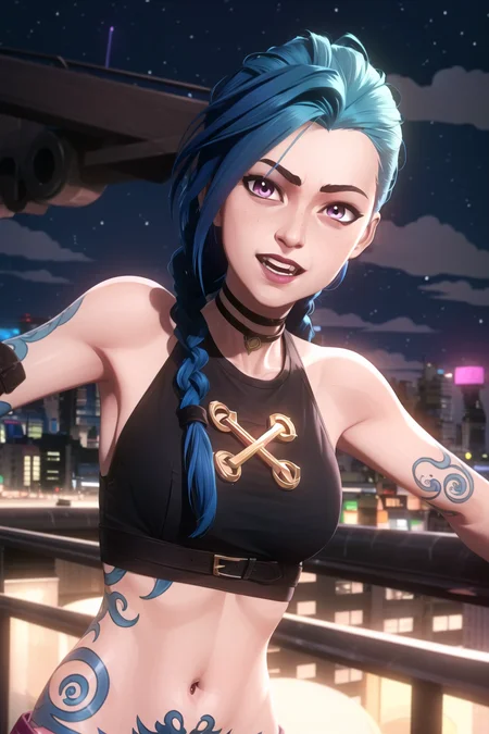 arcane style,
1girl, arm tattoo, asymmetrical bangs, bangs, blue hair, braid, brown shirt, cloud tattoo, looking at viewer, laughing, crazy, uncontrollable laugh, mad look, night, city, green hair, long hair, midriff, pink eyes, red lips, shirt, solo, standing, tattoo, twin braids, upper body, arcane jinx, jinx \(league of legends\)
<lora:arcane_offset:1>