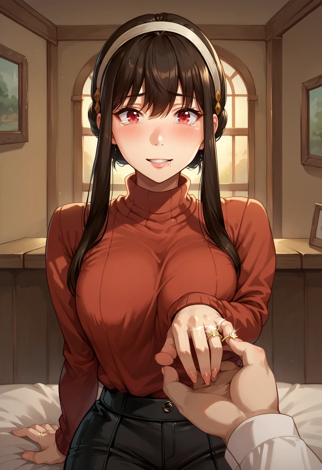 score_9, score_8_up, score_7_up, source_anime, 1girl, IncrsProp, wedding ring, <lora:Proposal_XLPD:1>, pov, yor briar, red turtleneck sweater,