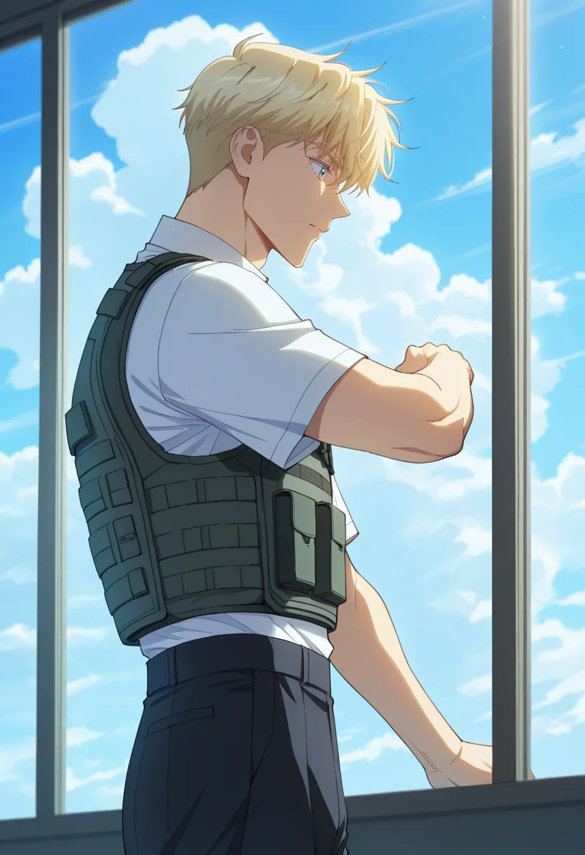 masterpiece, best quality, amazing quality,high resolution, intricate details,anime coloring,anime screencap , , , 1boy, solo, male focus, <lora:Noah_Luire:0.92>, noah luire,blonde hair,grey eyes,short hair,shirt, closed mouth,pose, white shirt, short sleeves, cowboy shot, sky, collared shirt, pants, day, cloud, vest, blue sky, uniform, window, black pants, bulletproof vest,from side