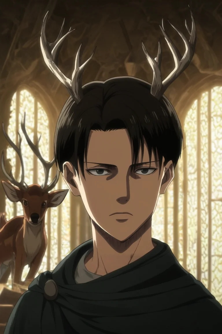 score_9, score_8_up, score_7_up, source_anime, rating_safe, , (photorealistic:0.6), , , 1boy, solo, male focus, <lora:levi_ackerman_pony:0.96>, levi_ackerman, black hair, black eyes, short hair, curtained hair, , asymmetrical, floating island, indoors, dark, holding object, :D, deer costume, <lora:sdxl_lightning_8step_lora:1>