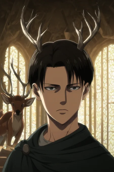 score_9, score_8_up, score_7_up, source_anime, rating_safe, , (photorealistic:0.6), , , 1boy, solo, male focus, <lora:levi_ackerman_pony:0.96>, levi_ackerman, black hair, black eyes, short hair, curtained hair, , asymmetrical, floating island, indoors, dark, holding object, :D, deer costume, <lora:sdxl_lightning_8step_lora:1>