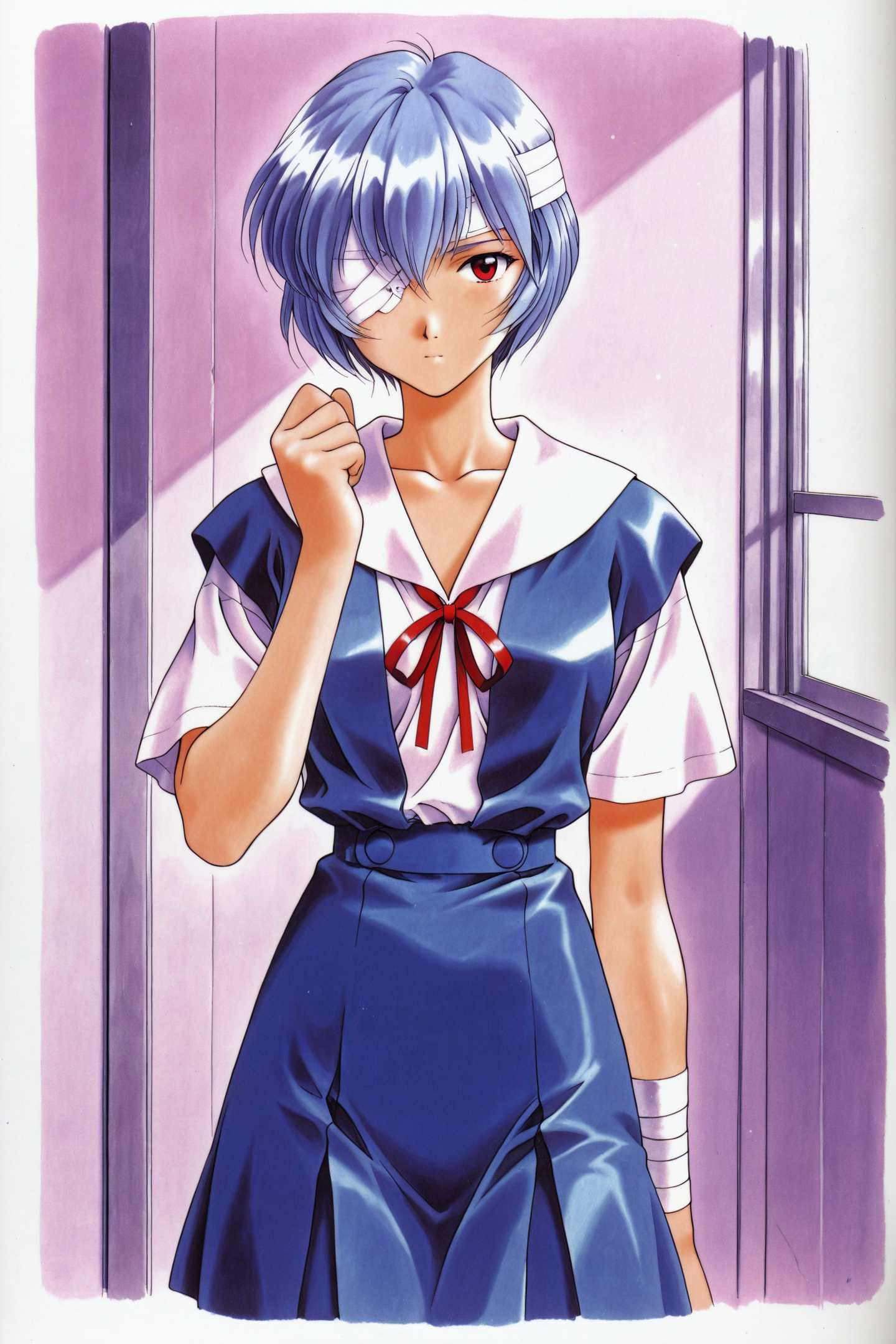 1girl,ayanami rei,short hair,blue hair,bandages,school uniform,solo,bandage over one eye,red eyes,ribbon,looking at viewer,tokyo-3 middle school uniform,shirt,short sleeves,closed mouth,neck ribbon,clenched hand,white shirt,cowboy shot,hand up,skirt,red ribbon,bandaged head,suspender skirt,expressionless,bangs,collarbone,standing,bow,suspenders,arm at side,traditional media,1990s \(style\),indoors,purple theme,
<lora:Mizutani Tooru_illustriousXL:1>,