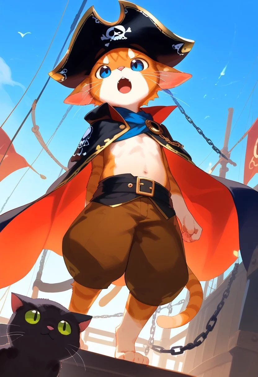 watashigu, animal, blue eyes, cape, cat, chain, flag, furry, furry male, no man's, open mouth, pirate, pirate hat, score_9, score_8_up, score_7_up, zPDXL3,