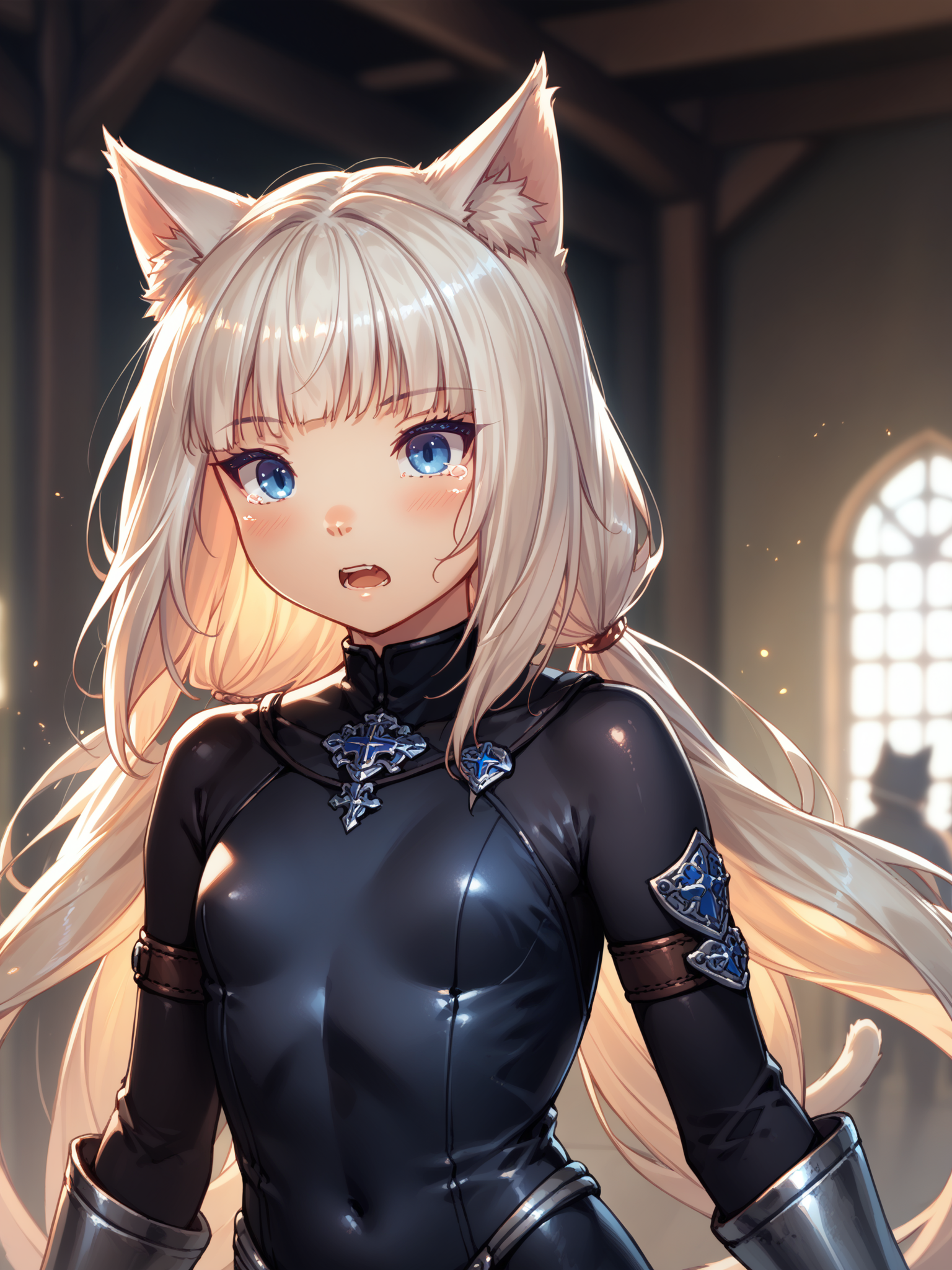 (cowboy shot, solo focus:1.2) <lora:happy_tentacle-vanilla-v0.1-000010:0.9>, ht_vanilla, (cat ears, cat girl, very long hair, blue eyes:0.8) (petite:1.2), <lora:Shed_The_Skin's StS_age_slider_v1_initial_release:-1.5> ( :1.1) ( , (crying with eyes open:0.8) , ( surprised :1.2) , seductive smile , (looking at another:1.2) :1) indoors, ((day :0.6), :0.8), ( :0.9), (furniture:0.9), , (sidelighting:0.5), (light rays, light particles:0.5) , , (people:1.2) , (medieval :0.9), (black bodysuit, skin tight, see-through:1.2), fingerless gloves, ( :0.8) score_9, score_8_up, score_7_up, score_6_up, score_5_up, score_4_up, ( [(realistic, photorealistic:1.3):(realistic:1.2):16] [(3d:1.2)::14] :1) <lora:LUUNA's Lunas-NijiJourney-SDXL-B2:0.35>, nijijourney <lora:prgfrg23's Counterfeit-V3.0 Style SDXL_LoRA_Pony Diffusion V6 XL:0.6> <lora:mfcg's mfcgXL:0.12> <lora:reweik's gyokai(himehajime)_PonyXL_style_v01:0.14>