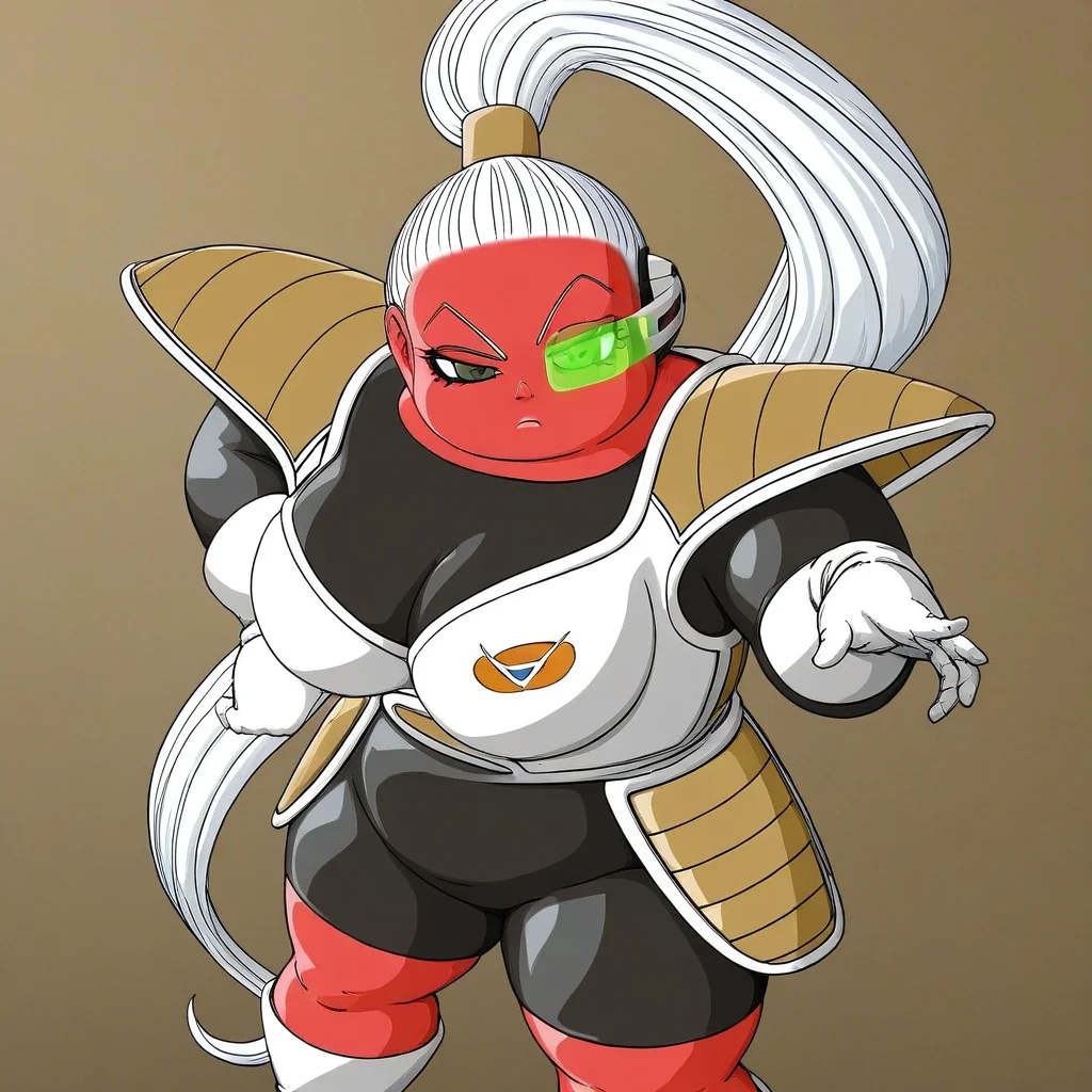 gray eyes, long white ponytail hair, exposed legs, huge cleavage, Bonyu, black bodysuit shorts, long brown shoulder pads, black bodysuit under armor, 1girl, chubby female, green scouter over right eye, long white boots, red skin, white chest plate armor, long sleeve