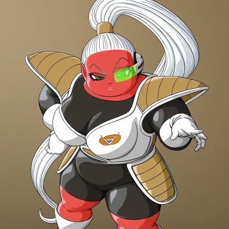 gray eyes, long white ponytail hair, exposed legs, huge cleavage, Bonyu, black bodysuit shorts, long brown shoulder pads, black bodysuit under armor, 1girl, chubby female, green scouter over right eye, long white boots, red skin, white chest plate armor, long sleeve