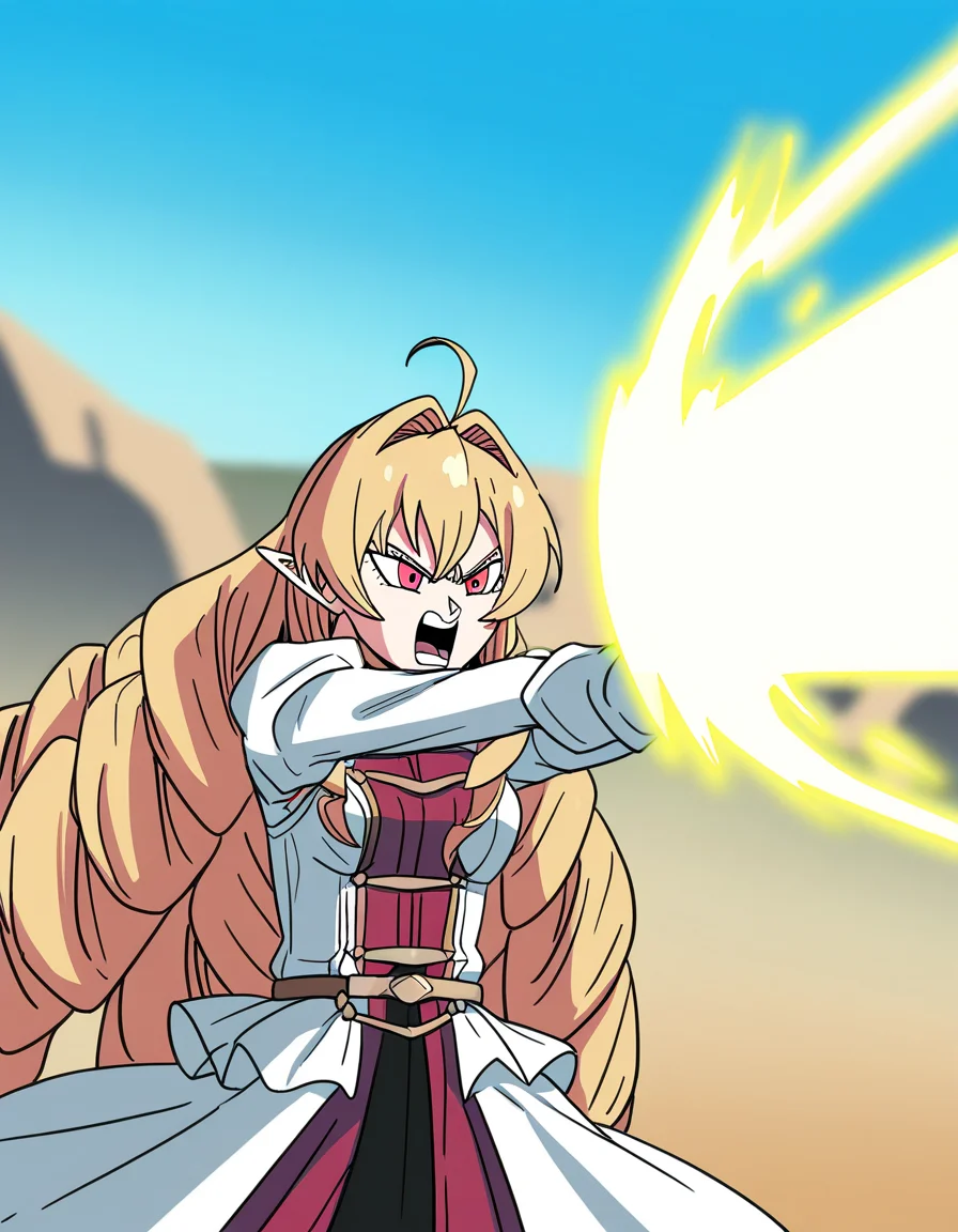masterpiece, best quality, newest, absurdres, highres, safe,, <lora:elinalise-dragonroad-s2-ponyxl-lora-nochekaiser:1>, elinalise dragonroad, long hair, blonde hair, very long hair, ahoge, pointy ears, drill hair, red eyes, medium breasts, <lora:kamehameha-illustriousxl-lora-nochekaiser:1>, kamehameha, kamehameha (dragon ball), open mouth, outstrecthed arms, torn clothes, shouting, energy, energy beam, outdoors, wasteland, cowboy shot,