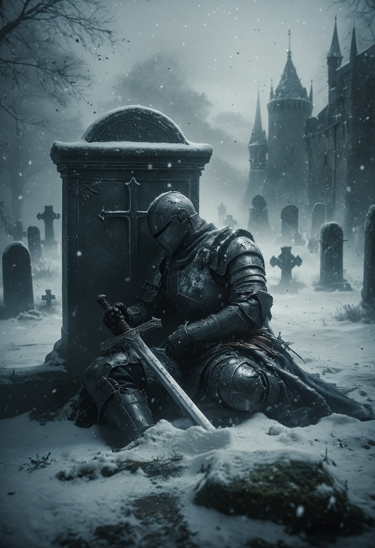 somber and cinematic scene, a fallen knight resting and lying down against a gravestone in a snow-covered graveyard, the knight clad in full armor, grips a sword with hand, the blade buried in the snow, Snowflakes gently fall around him, melancholic atmosphere, background is a dark gothic castle looms that obscured by the swirling snow and mist, haunting beauty of a warrior's final rest, <lora:- SDXL - vanta-black_contrast_V3.0:0.5>, <lora:NicolaSamori:0.6>, <lora:MJ52:0.3>, <lora:ral-ertmsphr:0.8>