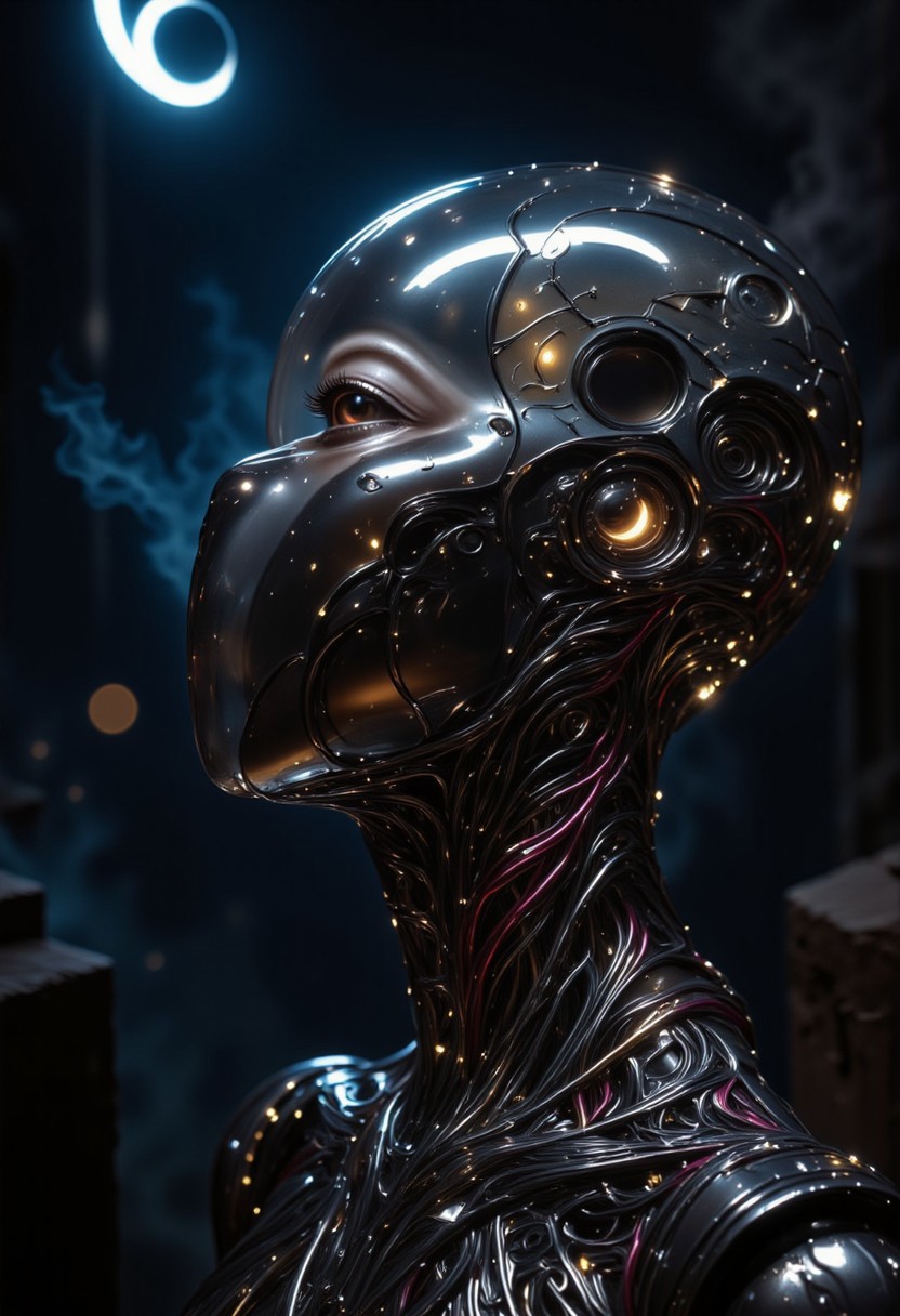 impressionist classical-style painting of a highly detailed, fantasy scene with a dramatic, robotic aesthetic. The central figure is a female robot. Her head and body are made of shiny and smooth metal with multi-colored, exposed wiring going down her neck creating an organic mosaic pattern. She is a biomechanical robot with Chrome Skinned and there are wires jacked into her face. Her cyclops eye is an intense silver color with light silver eyeshadow, and her lips are a rich, deep silver color. There is a missing panel on her cheek. A spot light focuses on her from above. She is bald and is blending in with the dark, smoky, nighttime background. She is facing you and looking up into the sky intensely. The overall impression is one of dramatic beauty, with an almost otherworldly quality.  (((ultra-realistic style))), realistic soft lighting, dark, eye-catching, atmospheric lighting, natural, shallow depth of field, (highlights: 0.8), high detail (dynamic, cinematic shot, film grain, bokeh, depth of field,