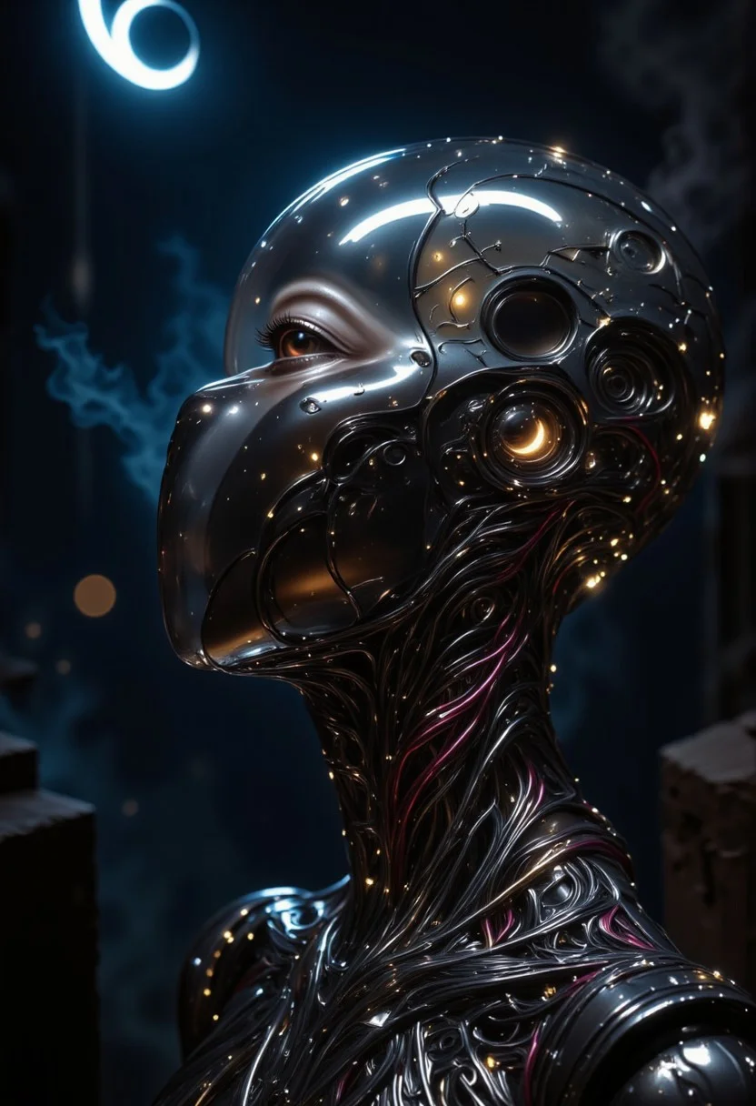 impressionist classical-style painting of a highly detailed, fantasy scene with a dramatic, robotic aesthetic. The central figure is a female robot. Her head and body are made of shiny and smooth metal with multi-colored, exposed wiring going down her neck creating an organic mosaic pattern. She is a biomechanical robot with Chrome Skinned and there are wires jacked into her face. Her cyclops eye is an intense silver color with light silver eyeshadow, and her lips are a rich, deep silver color. There is a missing panel on her cheek. A spot light focuses on her from above. She is bald and is blending in with the dark, smoky, nighttime background. She is facing you and looking up into the sky intensely. The overall impression is one of dramatic beauty, with an almost otherworldly quality. (((ultra-realistic style))), realistic soft lighting, dark, eye-catching, atmospheric lighting, natural, shallow depth of field, (highlights: 0.8), high detail (dynamic, cinematic shot, film grain, bokeh, depth of field,